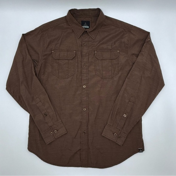 Prana Men’s Button Down Long Sleeve Shirt Large Brown Cotton Blend EUC - Picture 1 of 11